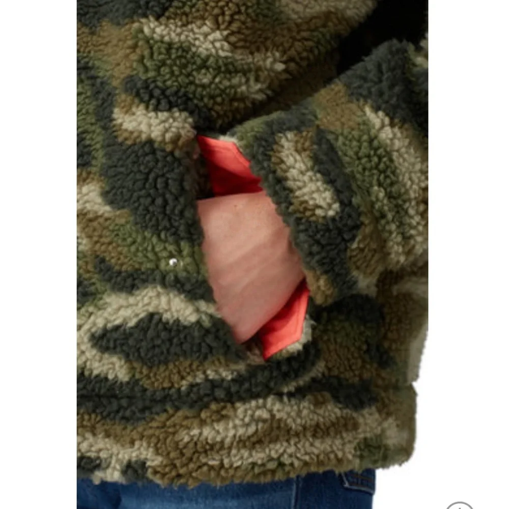 J. Crew Vintage Sherpa Fleece Pullover Jacket Camo Camouflage Olive Army Green